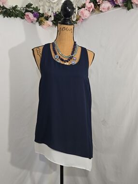 Max Studio Navy Tank with White Layered Hem
